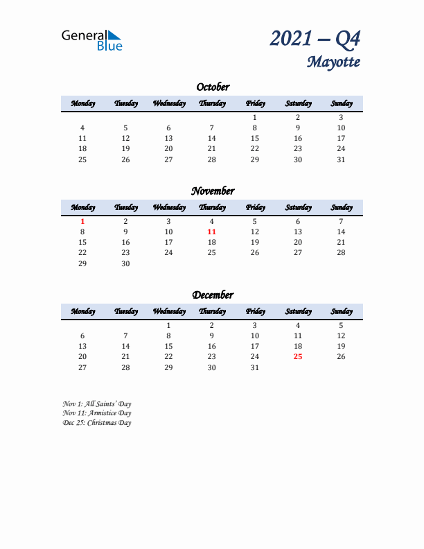 October, November, and December Calendar for Mayotte with Monday Start