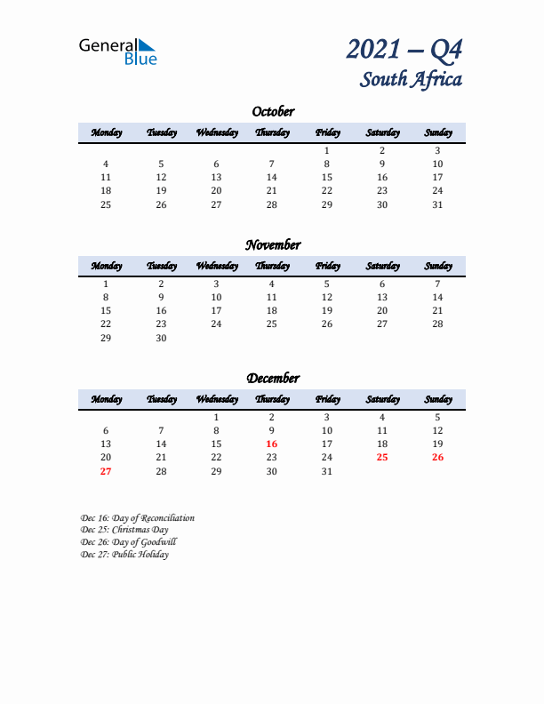 October, November, and December Calendar for South Africa with Monday Start