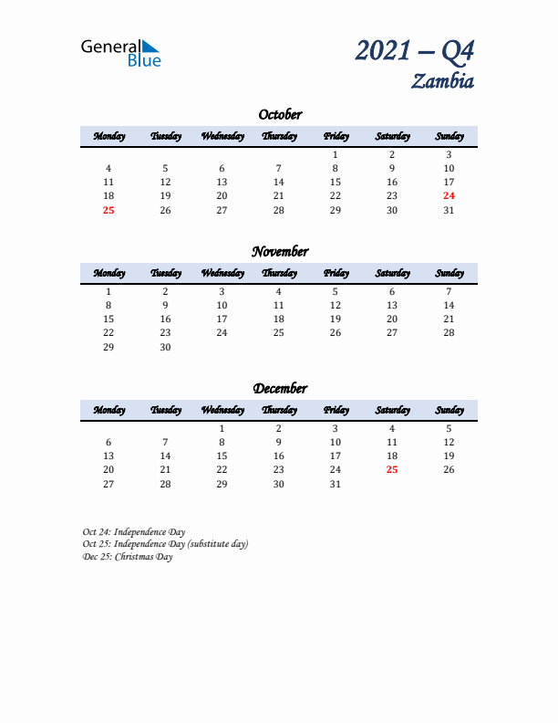 October, November, and December Calendar for Zambia with Monday Start