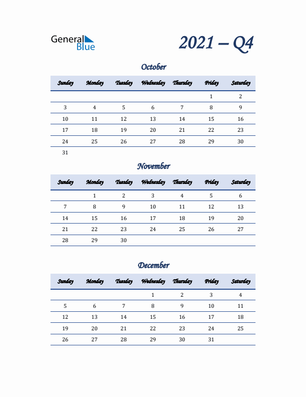 Sunday Start 2021 Quarterly Calendar