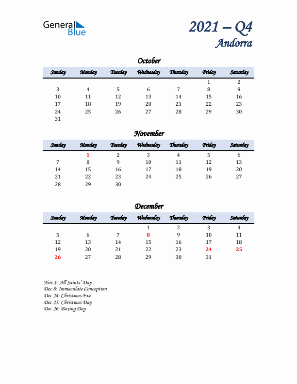 October, November, and December Calendar for Andorra with Sunday Start