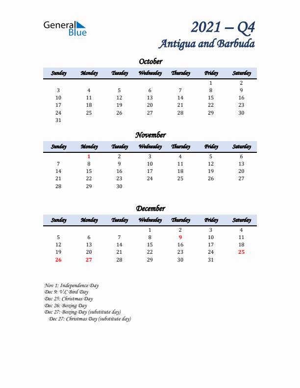 October, November, and December Calendar for Antigua and Barbuda with Sunday Start