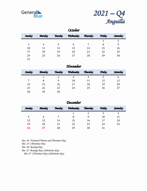 October, November, and December Calendar for Anguilla with Sunday Start