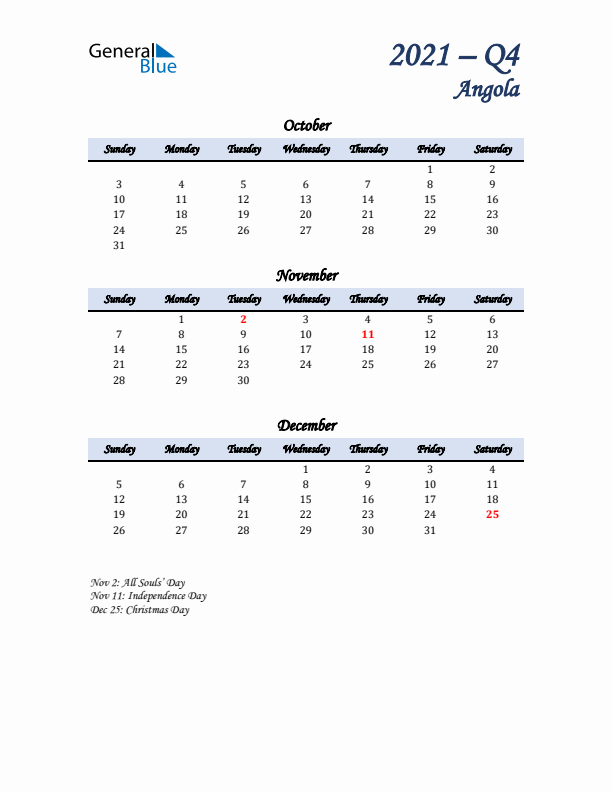 October, November, and December Calendar for Angola with Sunday Start