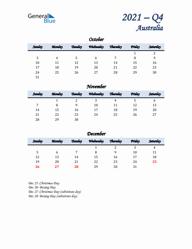 October, November, and December Calendar for Australia with Sunday Start