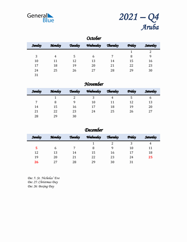 October, November, and December Calendar for Aruba with Sunday Start