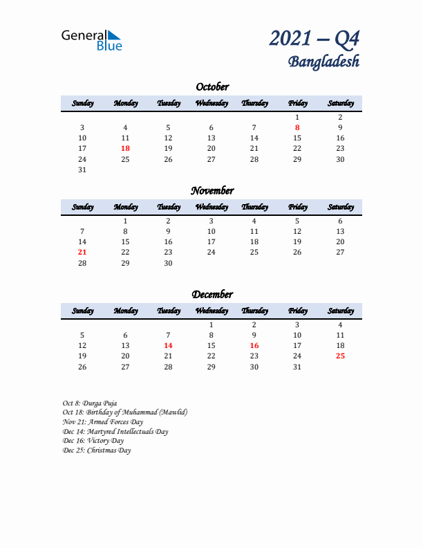 October, November, and December Calendar for Bangladesh with Sunday Start