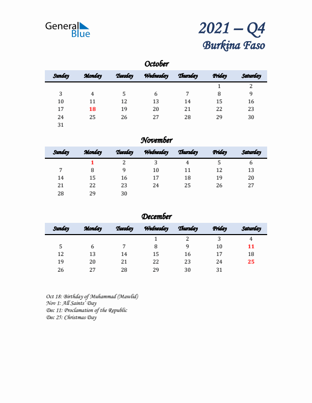 October, November, and December Calendar for Burkina Faso with Sunday Start