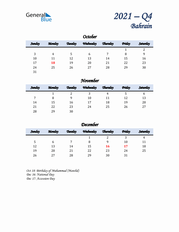 October, November, and December Calendar for Bahrain with Sunday Start