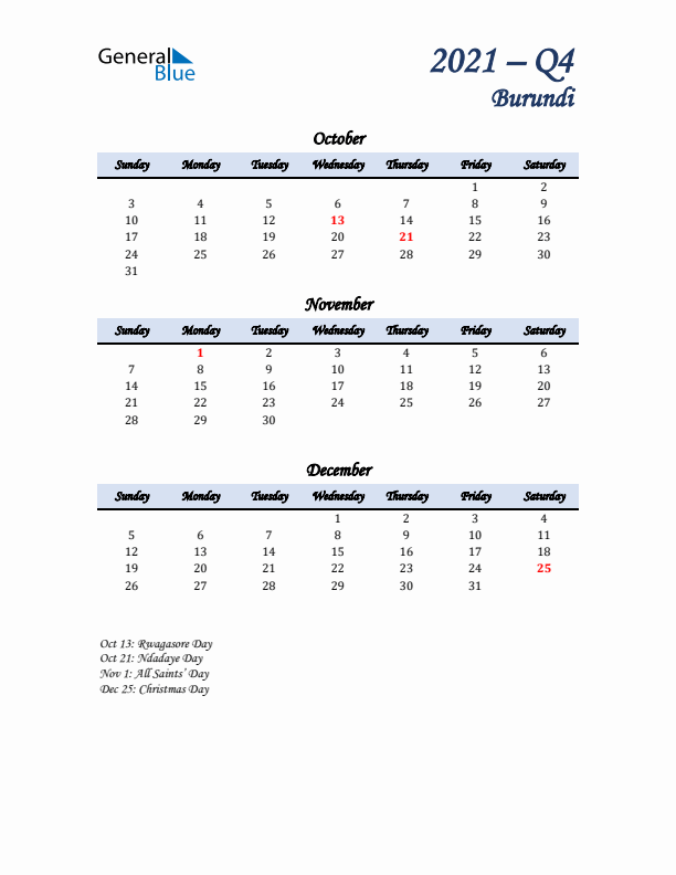 October, November, and December Calendar for Burundi with Sunday Start