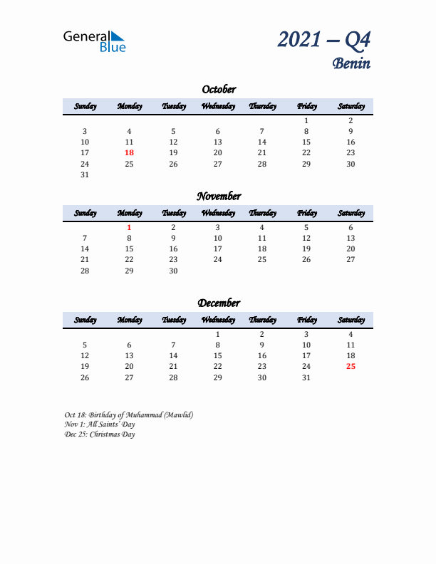 October, November, and December Calendar for Benin with Sunday Start