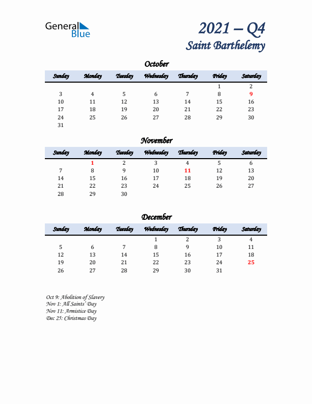 October, November, and December Calendar for Saint Barthelemy with Sunday Start