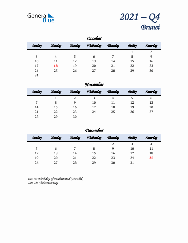 October, November, and December Calendar for Brunei with Sunday Start