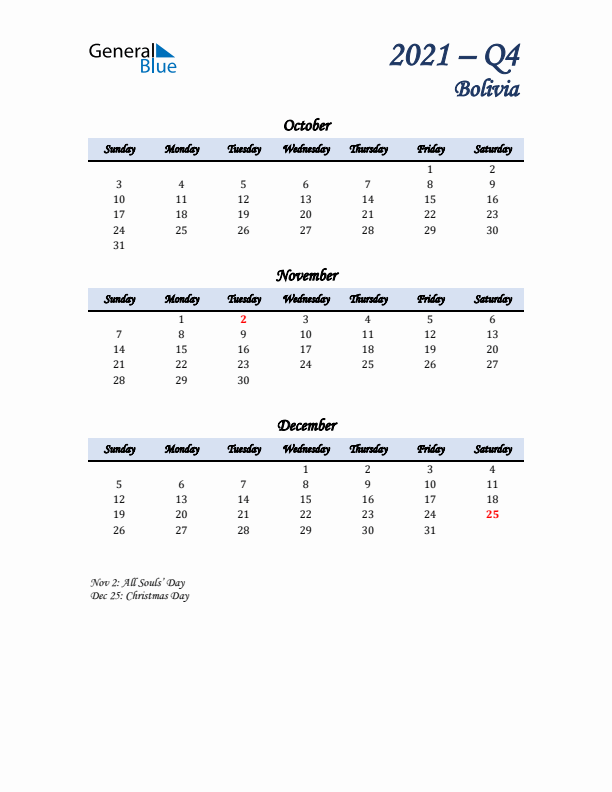 October, November, and December Calendar for Bolivia with Sunday Start