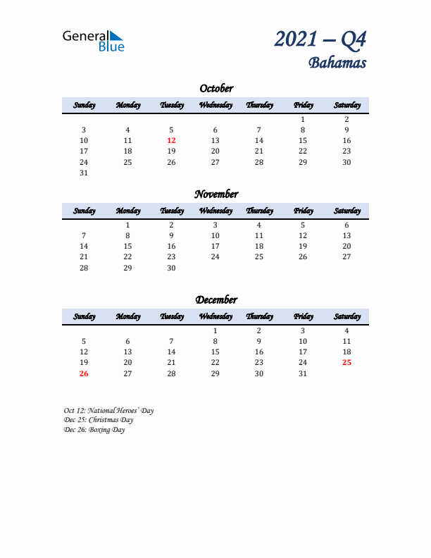 October, November, and December Calendar for Bahamas with Sunday Start