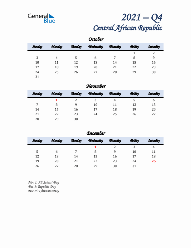 October, November, and December Calendar for Central African Republic with Sunday Start