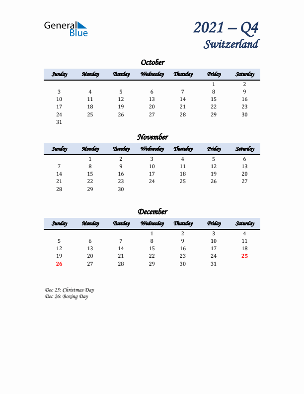 October, November, and December Calendar for Switzerland with Sunday Start