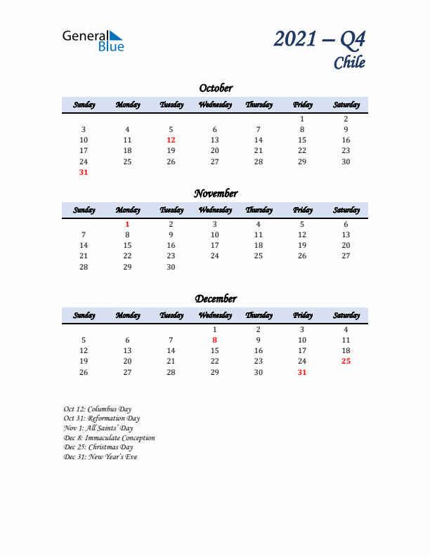 October, November, and December Calendar for Chile with Sunday Start