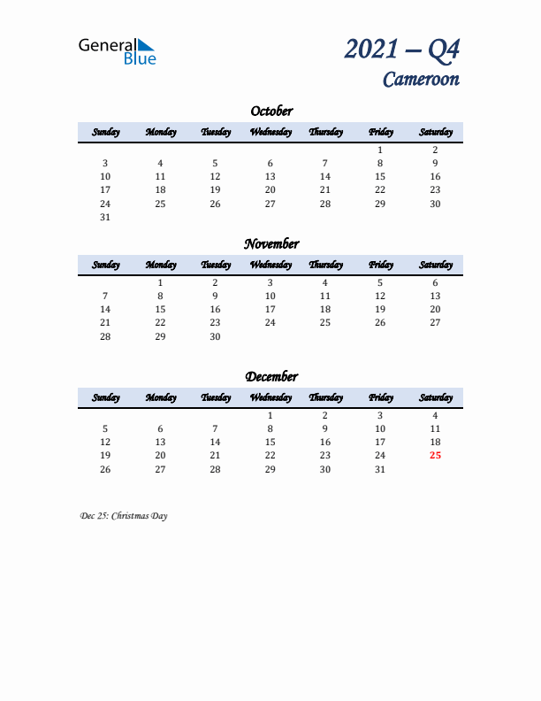 October, November, and December Calendar for Cameroon with Sunday Start