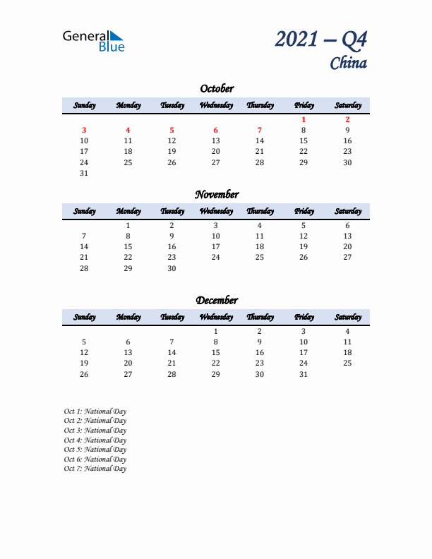 October, November, and December Calendar for China with Sunday Start