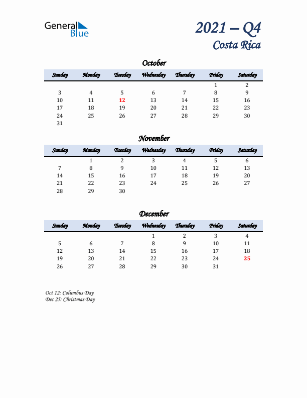 October, November, and December Calendar for Costa Rica with Sunday Start