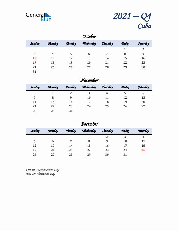 October, November, and December Calendar for Cuba with Sunday Start