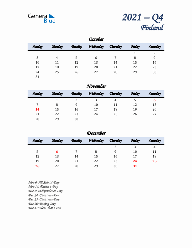 October, November, and December Calendar for Finland with Sunday Start