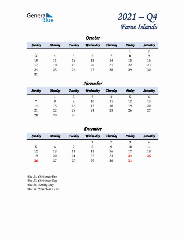 October, November, and December Calendar for Faroe Islands with Sunday Start