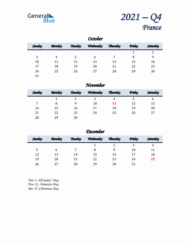 October, November, and December Calendar for France with Sunday Start