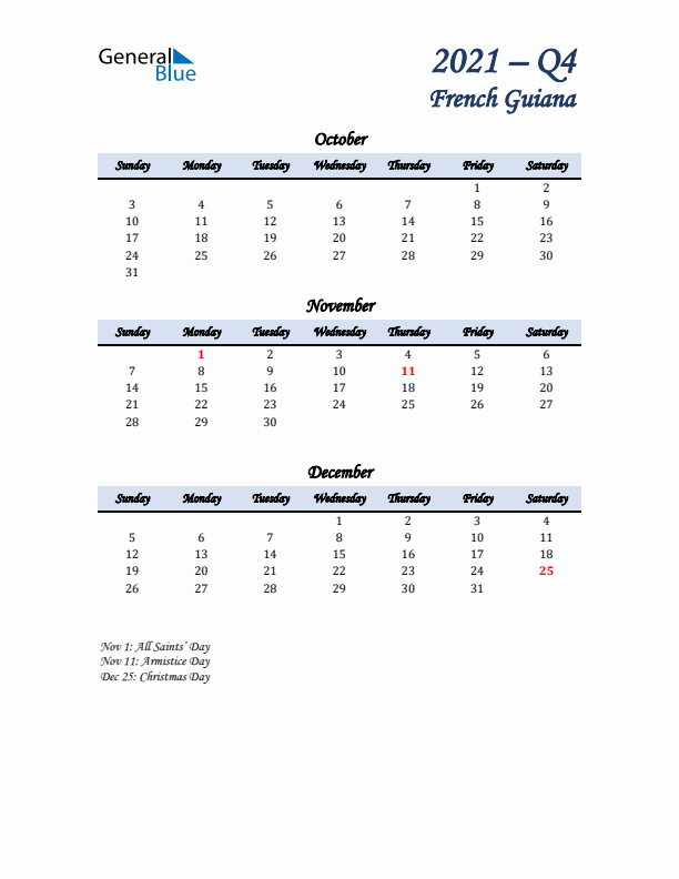 October, November, and December Calendar for French Guiana with Sunday Start