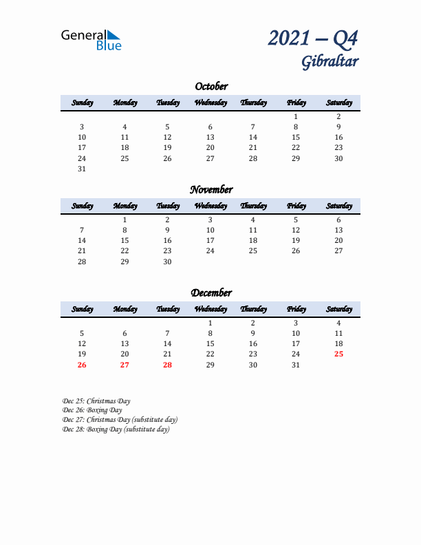 October, November, and December Calendar for Gibraltar with Sunday Start