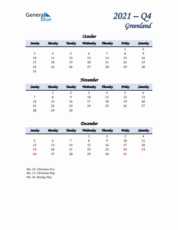 October, November, and December Calendar for Greenland with Sunday Start