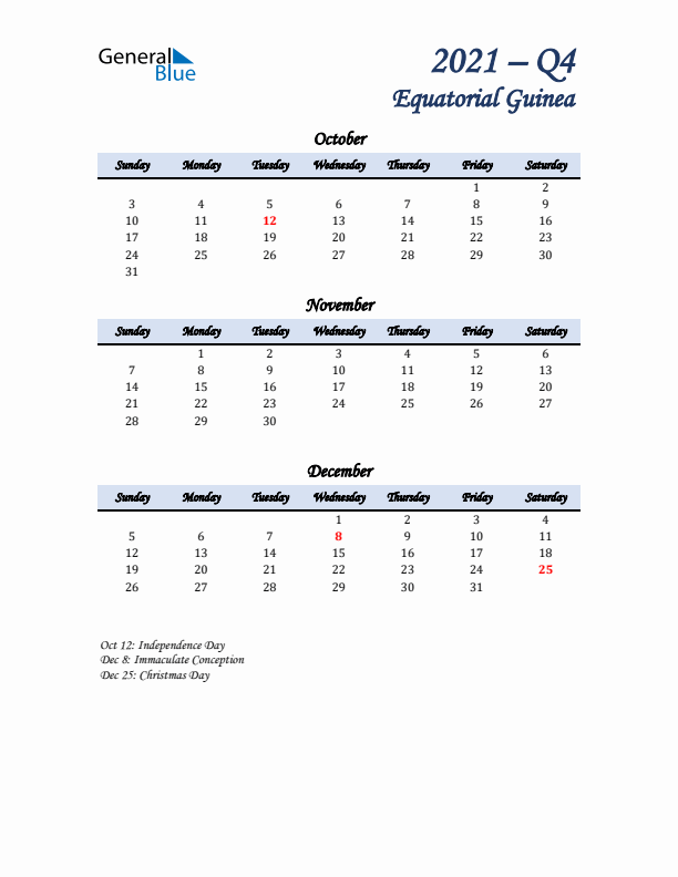 October, November, and December Calendar for Equatorial Guinea with Sunday Start