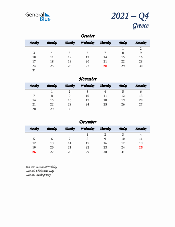 October, November, and December Calendar for Greece with Sunday Start