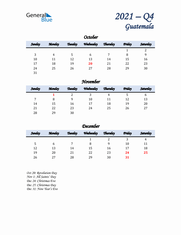 October, November, and December Calendar for Guatemala with Sunday Start