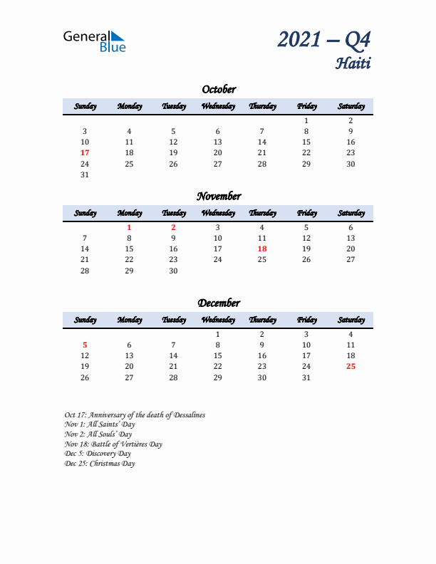 October, November, and December Calendar for Haiti with Sunday Start