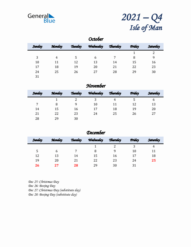 October, November, and December Calendar for Isle of Man with Sunday Start