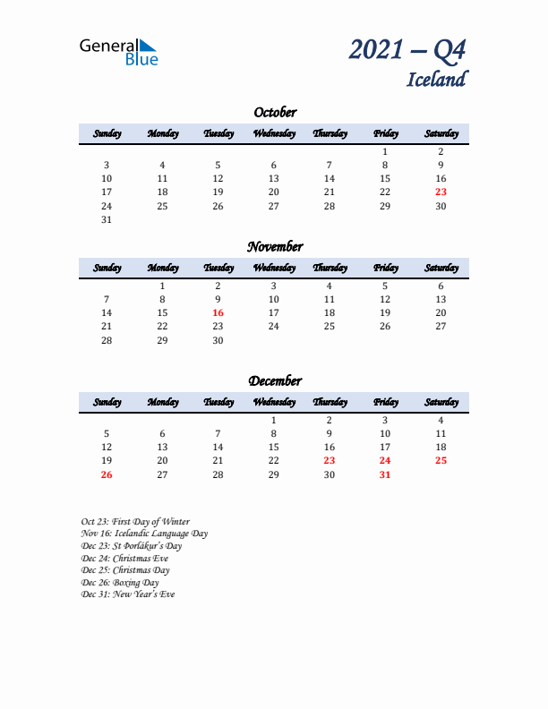 October, November, and December Calendar for Iceland with Sunday Start