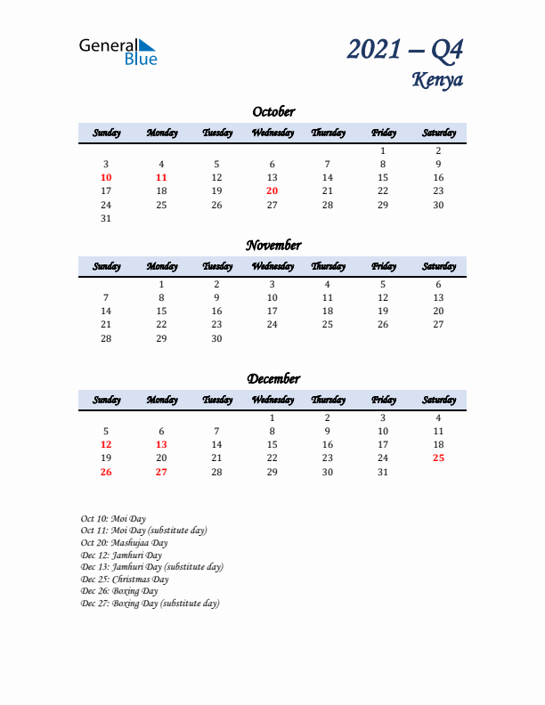 October, November, and December Calendar for Kenya with Sunday Start