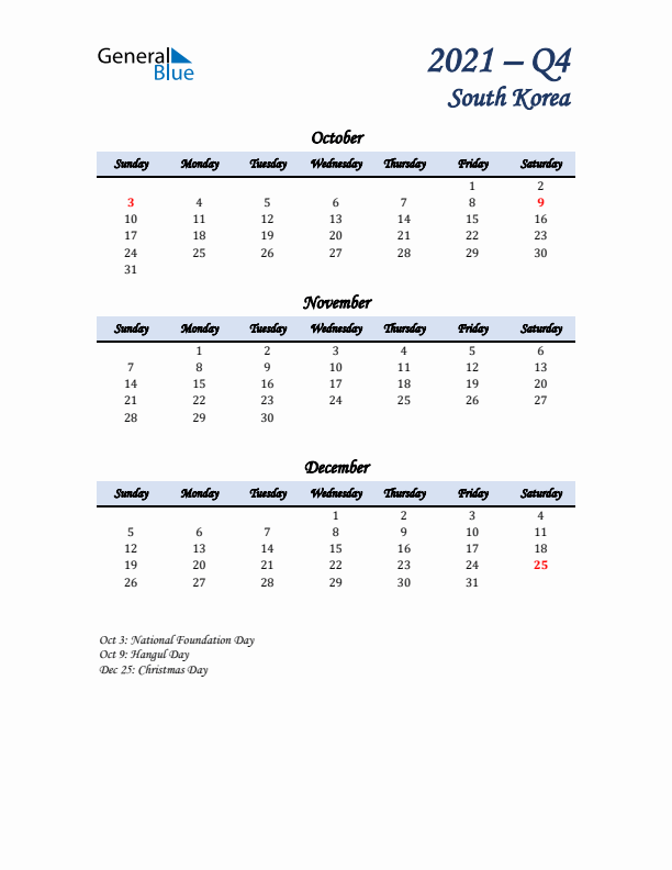 October, November, and December Calendar for South Korea with Sunday Start