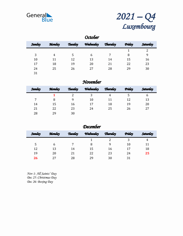 October, November, and December Calendar for Luxembourg with Sunday Start