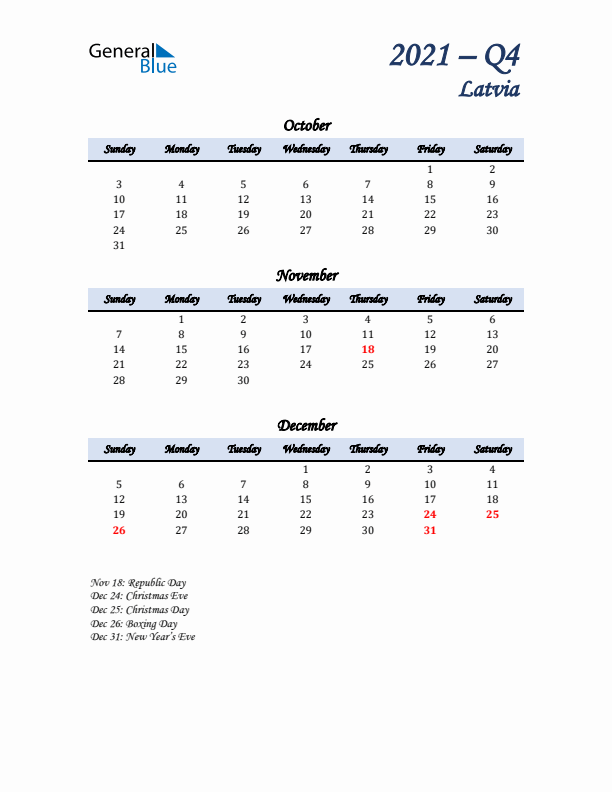 October, November, and December Calendar for Latvia with Sunday Start