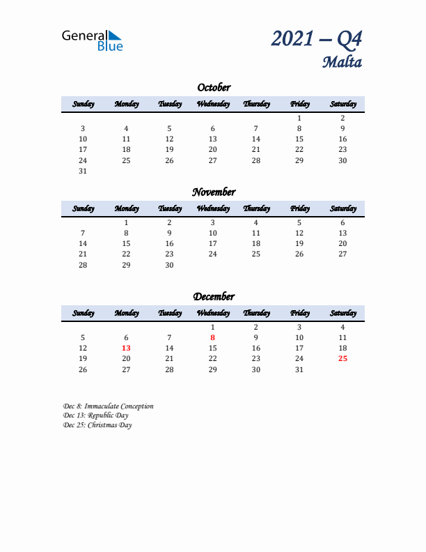 October, November, and December Calendar for Malta with Sunday Start