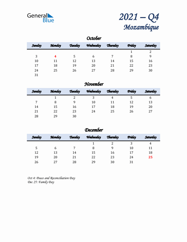 October, November, and December Calendar for Mozambique with Sunday Start