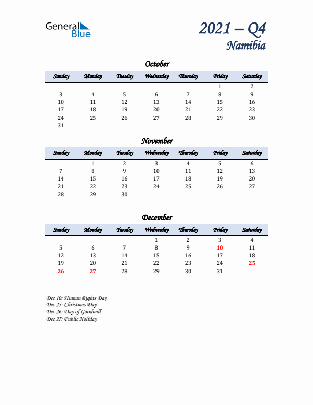 October, November, and December Calendar for Namibia with Sunday Start