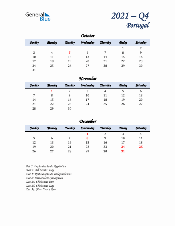 October, November, and December Calendar for Portugal with Sunday Start