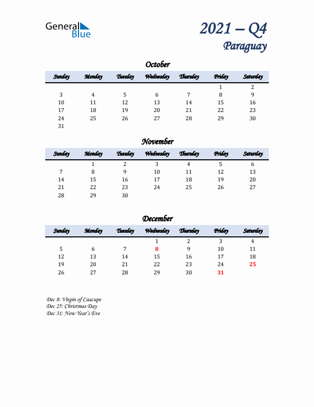 October, November, and December Calendar for Paraguay with Sunday Start