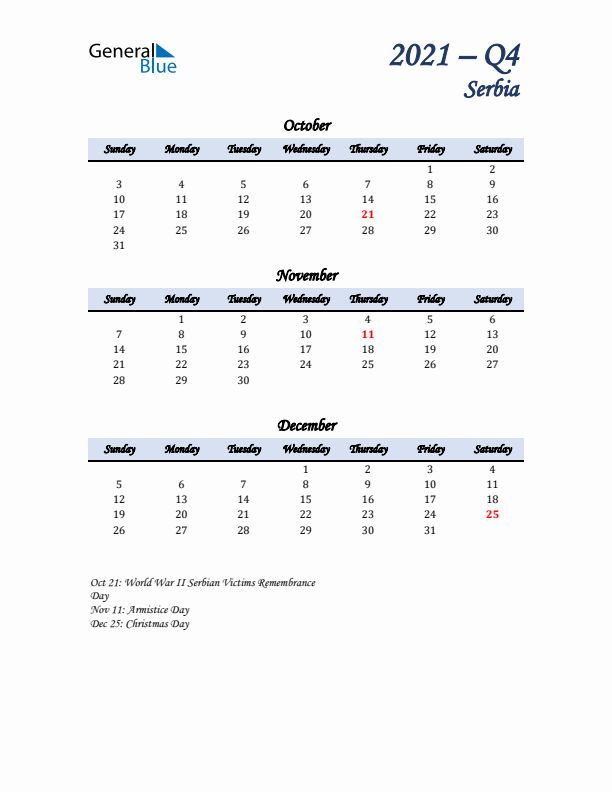 October, November, and December Calendar for Serbia with Sunday Start