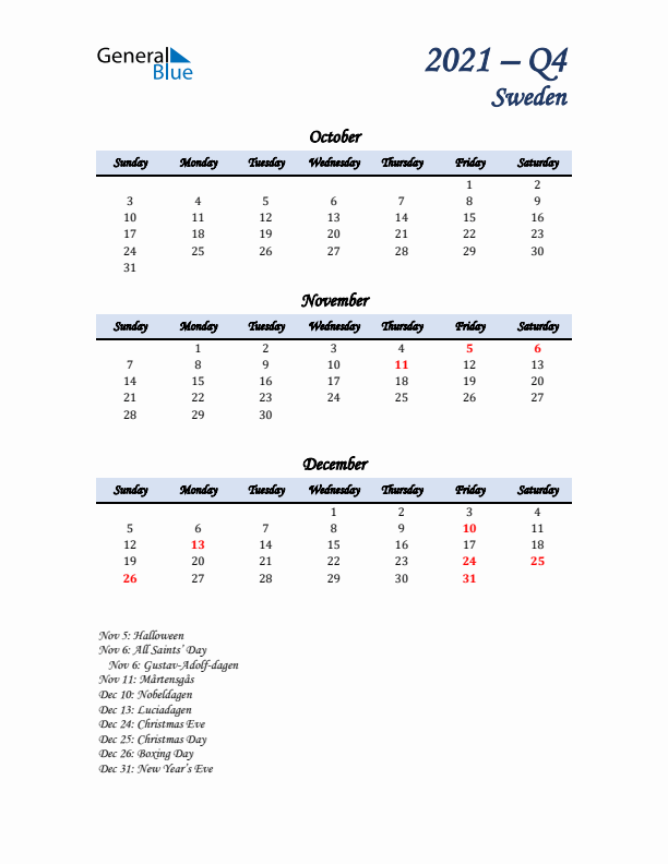 October, November, and December Calendar for Sweden with Sunday Start