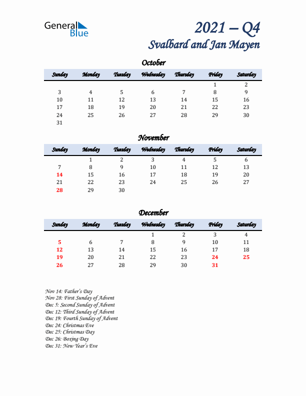 October, November, and December Calendar for Svalbard and Jan Mayen with Sunday Start